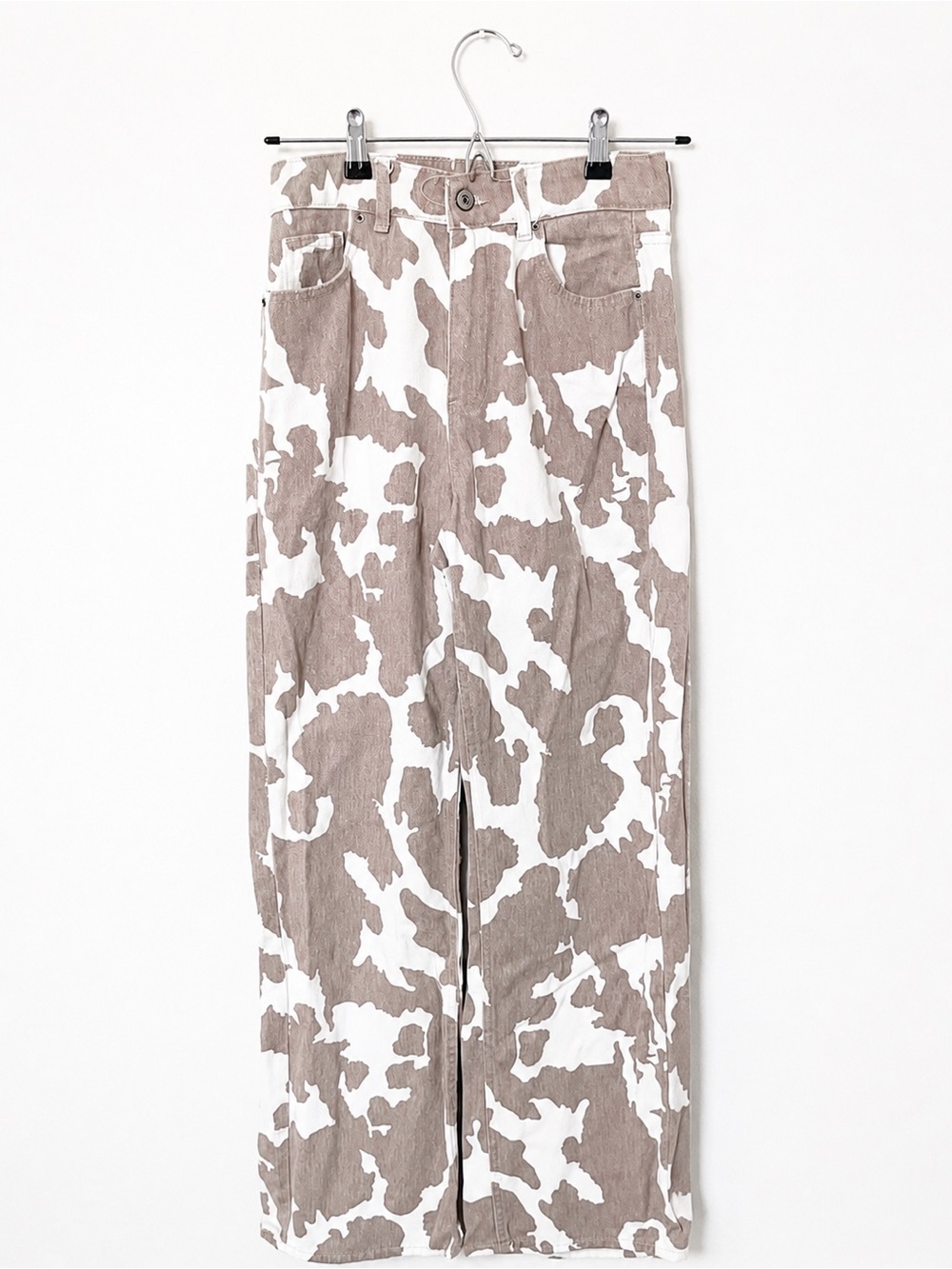 Neutral Cow Spot Wide Leg Pants - Beige & White